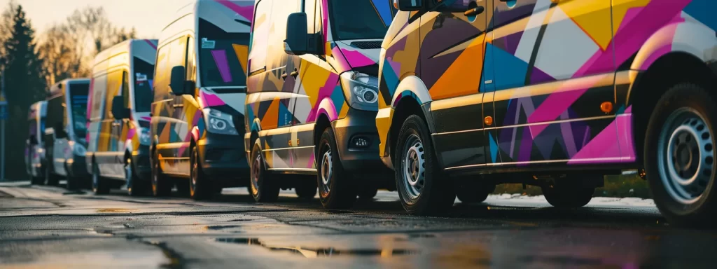 a-a-fleet-of-vehicles-wrapped-683b6145-6f82-4f16-ab4f-1466a0dad3a4.webp a fleet of vehicles wrapped in vibrant and durable 3m vinyl graphics, showcasing their impressive durability and performance on the road.